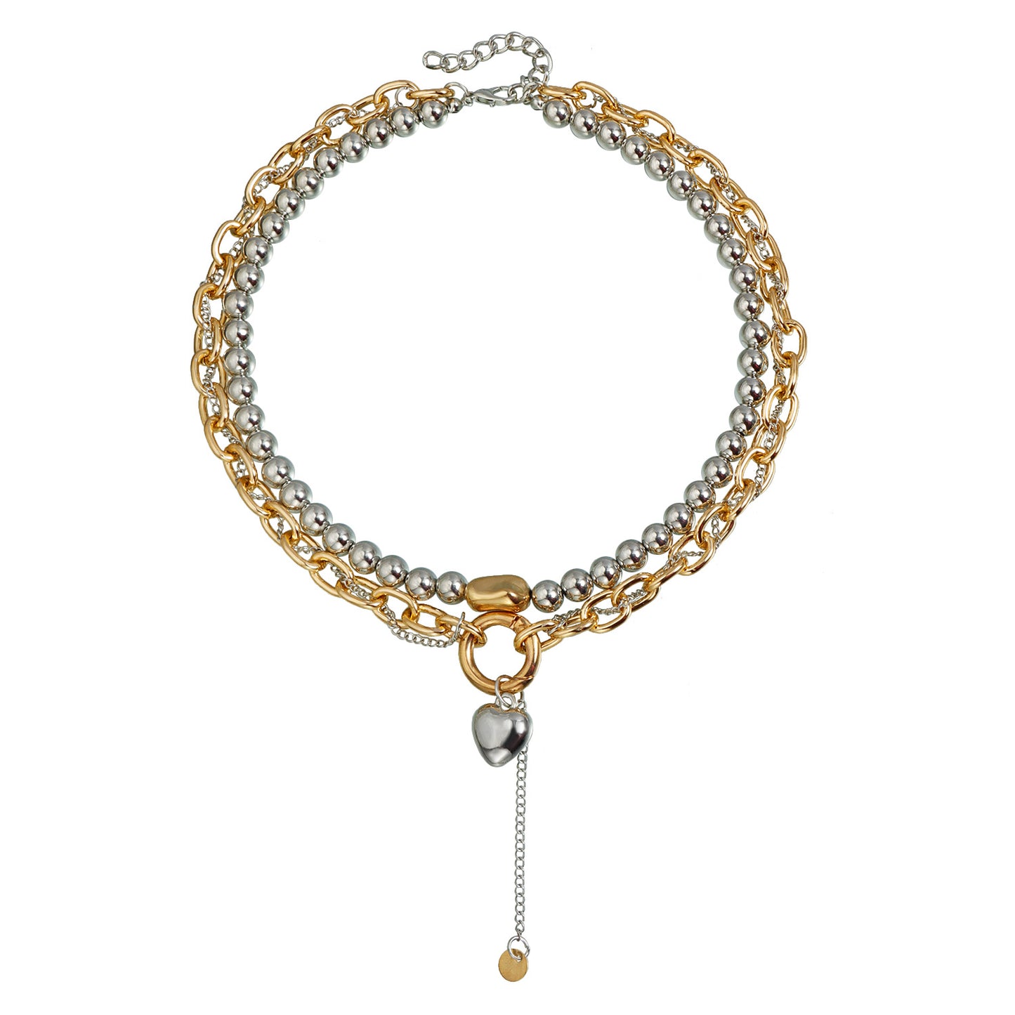 Two-Tone Gold and Silver Heart Geometric Alloy Necklace for Women with Multi-Layer CCB Beads