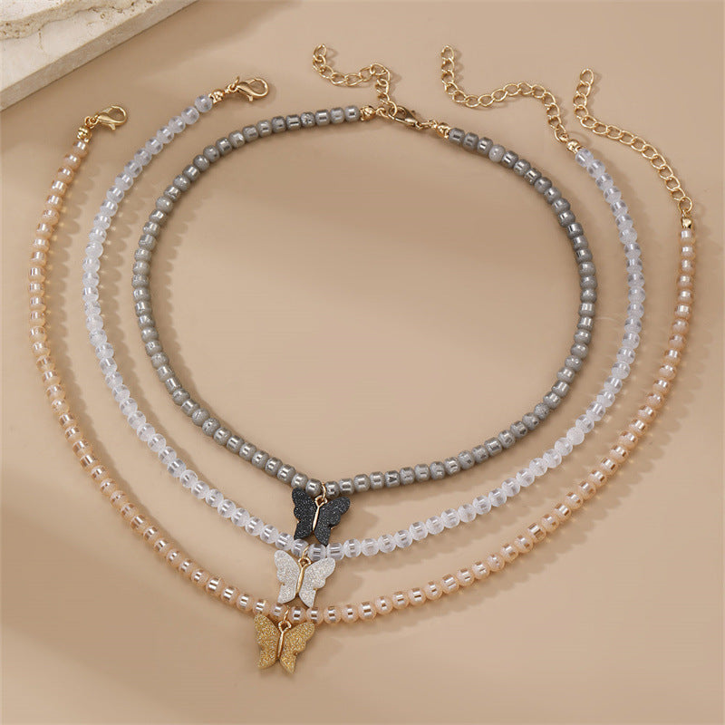 Juego de collar con colgante de lazo de mariposa minimalista para niñas, cadena de cuentas redondas de aleación, regalo de joyería para niños