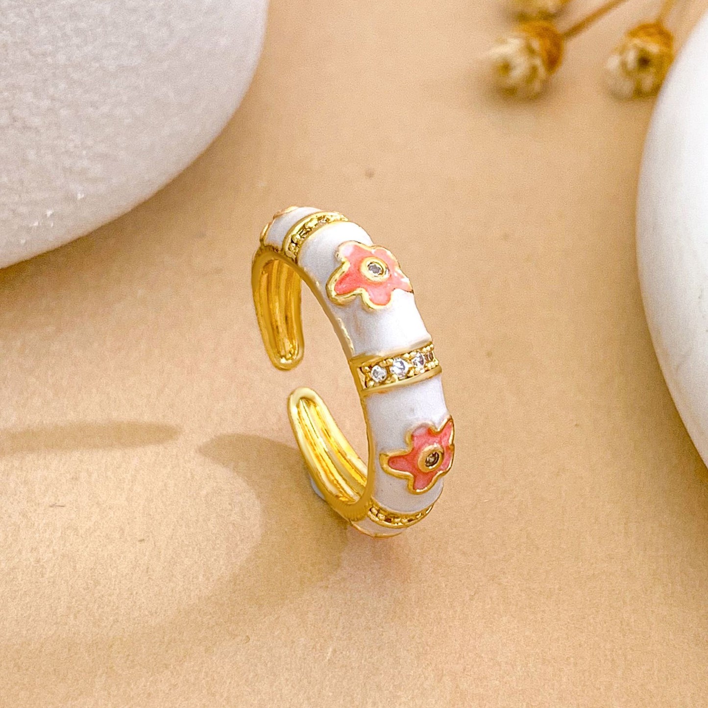 Sweet Floral Enamel Drip Oil Brass Ring with Cubic Zirconia Inlay 18K Gold Plated Adjustable for Women