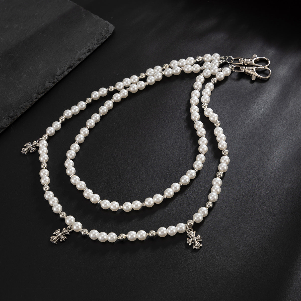 Punk Minimalist Cross Pendant Zinc Alloy Imitation Pearl Beaded Waist Chain
