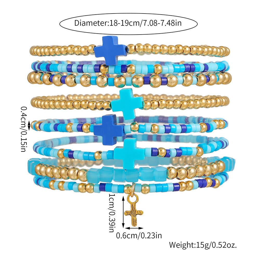 Colorful Seed Bead and Soft Pottery Cross Bracelet Handmade Multi-Layer Stacked Beach Jewelry for Women and Men