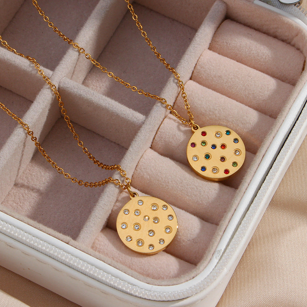 Minimalist Geometric Stainless Steel Pendant Necklace with Crystal Zirconia Round Charm for Women