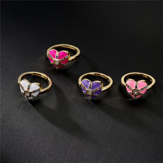 18K Gold Plated Brass Micro-inlay Cubic Zirconia Drip Oil Heart Ring for Women