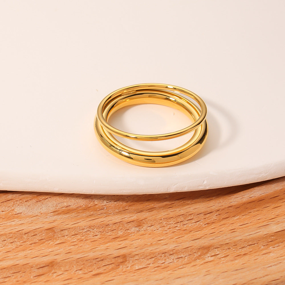 Minimalist Geometric Stainless Steel Double-Layer Hollow Band Ring for Women with Plated Finish