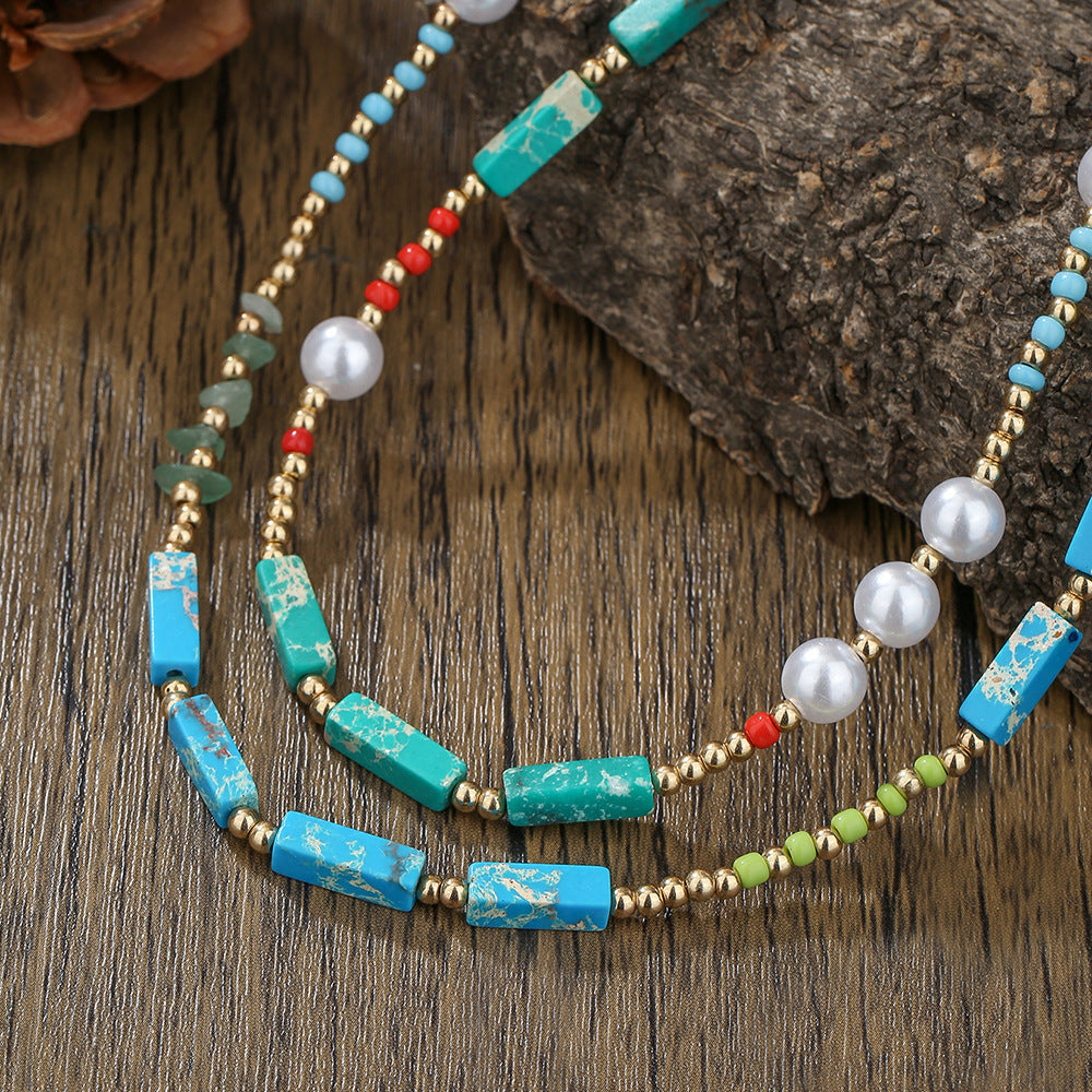 Bohemian Asymmetric Geometric Pearl Necklace with Turquoise Pendant