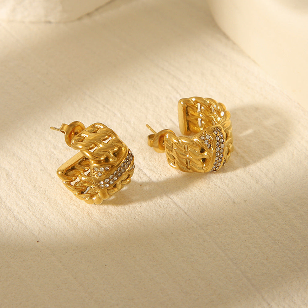 Pendientes de Mujer de Acero Inoxidable Bañados en Oro de 18K con Forma de C, Diseño Geométrico, Cadena de Múltiples Capas y Diamantes de Imitación, Estilo Ins