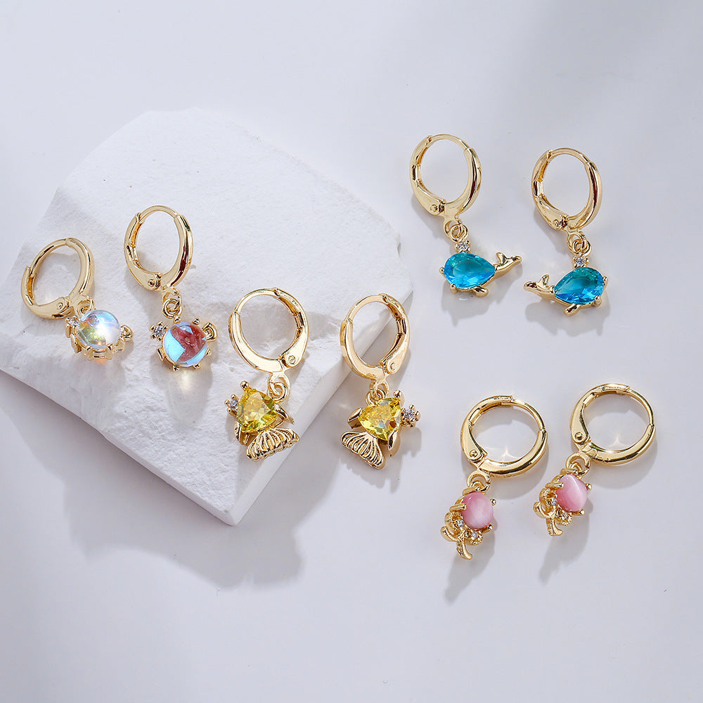 Minimalist Geometric Copper Earrings with Real Gold Plating and Micro-Paved Zirconia Ocean Animal Motifs for Women