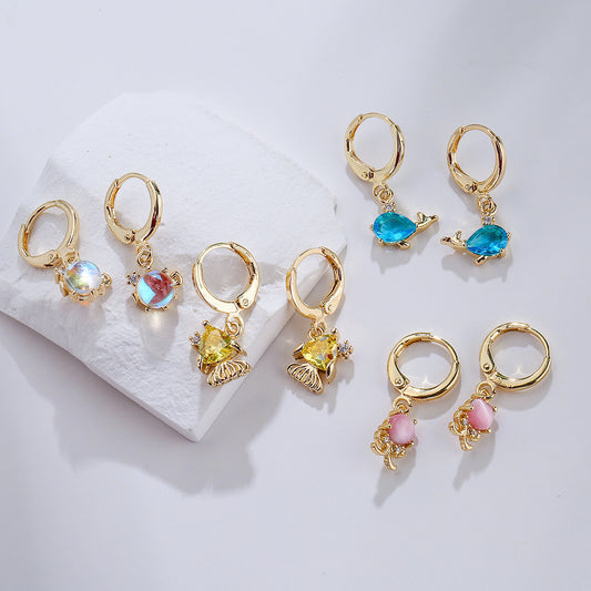 Pendientes Geométricos Minimalistas de Cobre con Baño de Oro Real y Circonitas Microengastadas con Motivos de Animales Marinos para Mujer