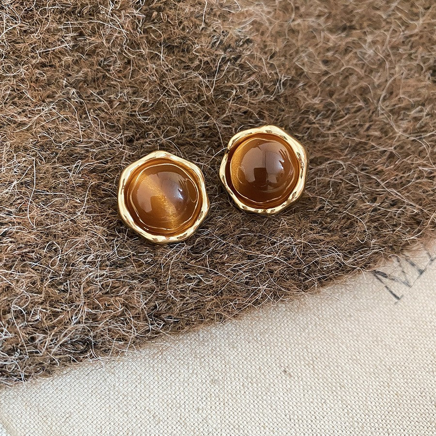 Orecchini a perno geometrici vintage in occhio di tigre, in acciaio placcato oro 18 carati da donna