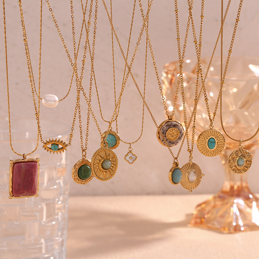 Vintage Palace Style Geometric Stainless Steel 18K Gold Plated Necklace for Women with Natural Stone and Shell Pendant