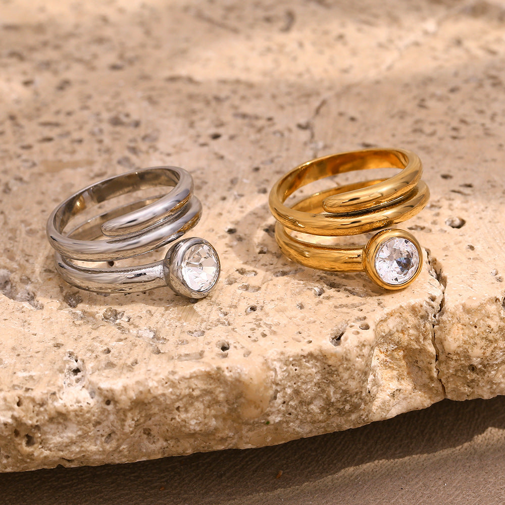 Minimalist Geometric Stainless Steel Plated 18K Gold Double-Layer Snake Head Ring with White Rhinestones for Women