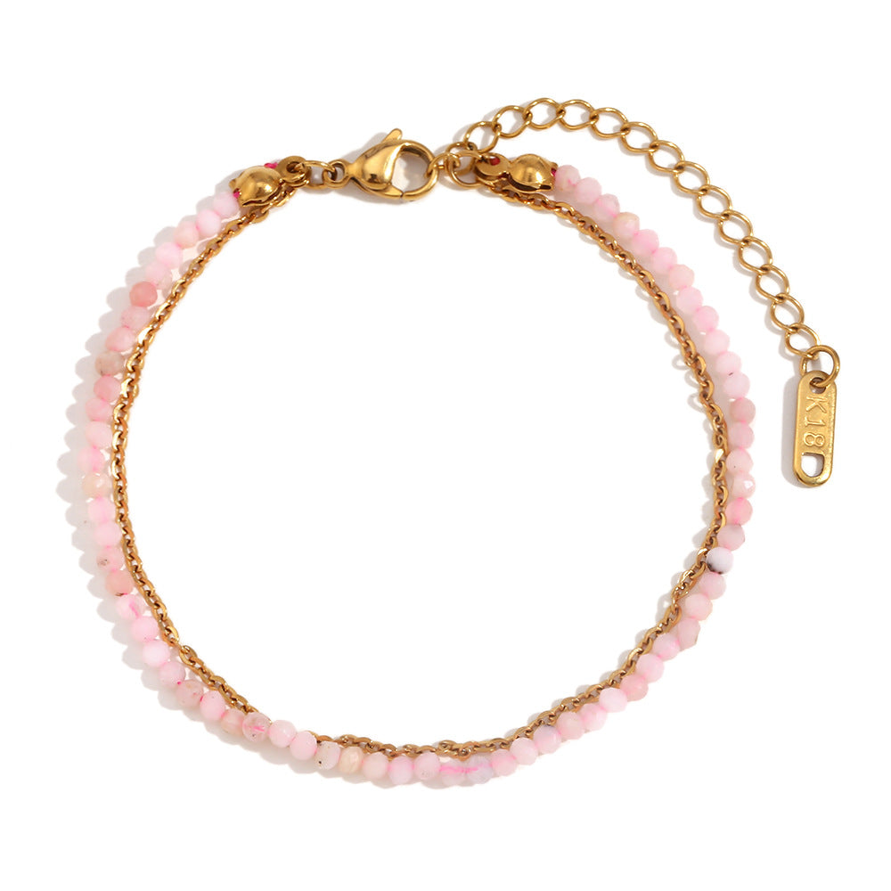 Fashionable Geometric Stainless Steel Plated 18K Gold Double Layer O-Chain Bracelet with Natural Green Australian Opal Beads for Women