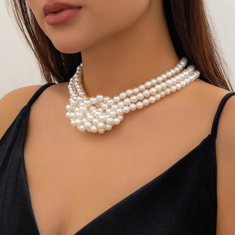 Vintage Elegant Geometric Round Faux Pearl Multi-Layer Ball Chain Choker Necklace for Women