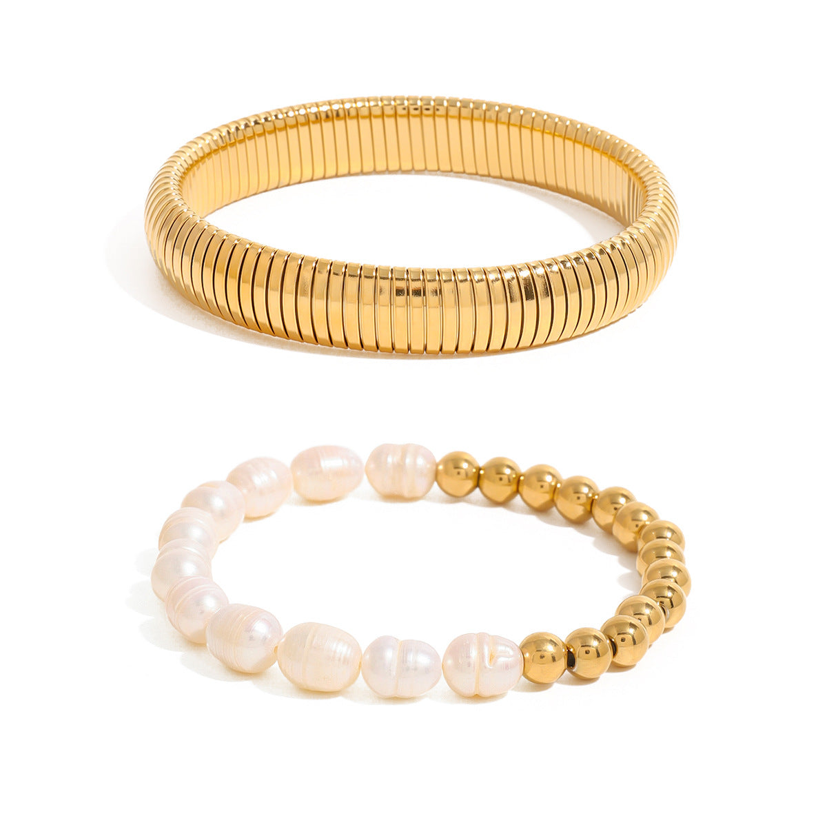 Anillo geométrico de moda con patrón enchapado en oro de 18 quilates, pulsera de perlas de acero inoxidable con resorte para mujer