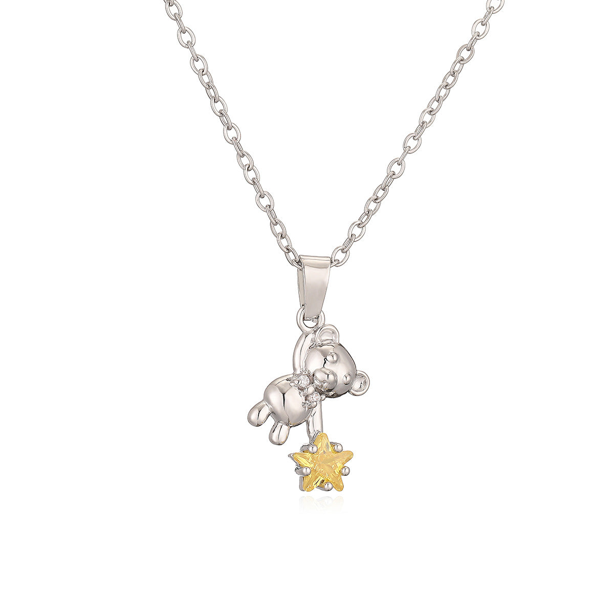 Cute Bear-Shaped Pendant Necklace for Women Made of Brass with Real Gold Plating and Zircon Inlay Minimalist Style