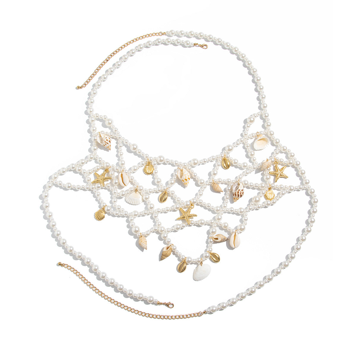Bohemian Alloy Body Chain with Imitation Pearl Beads Starfish and Shell Pendant for Women