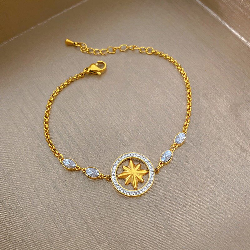 Minimalist Elegant Hollow Round Eight-Pointed Star Rhinestone Inlay Titanium Steel Bracelet for Women