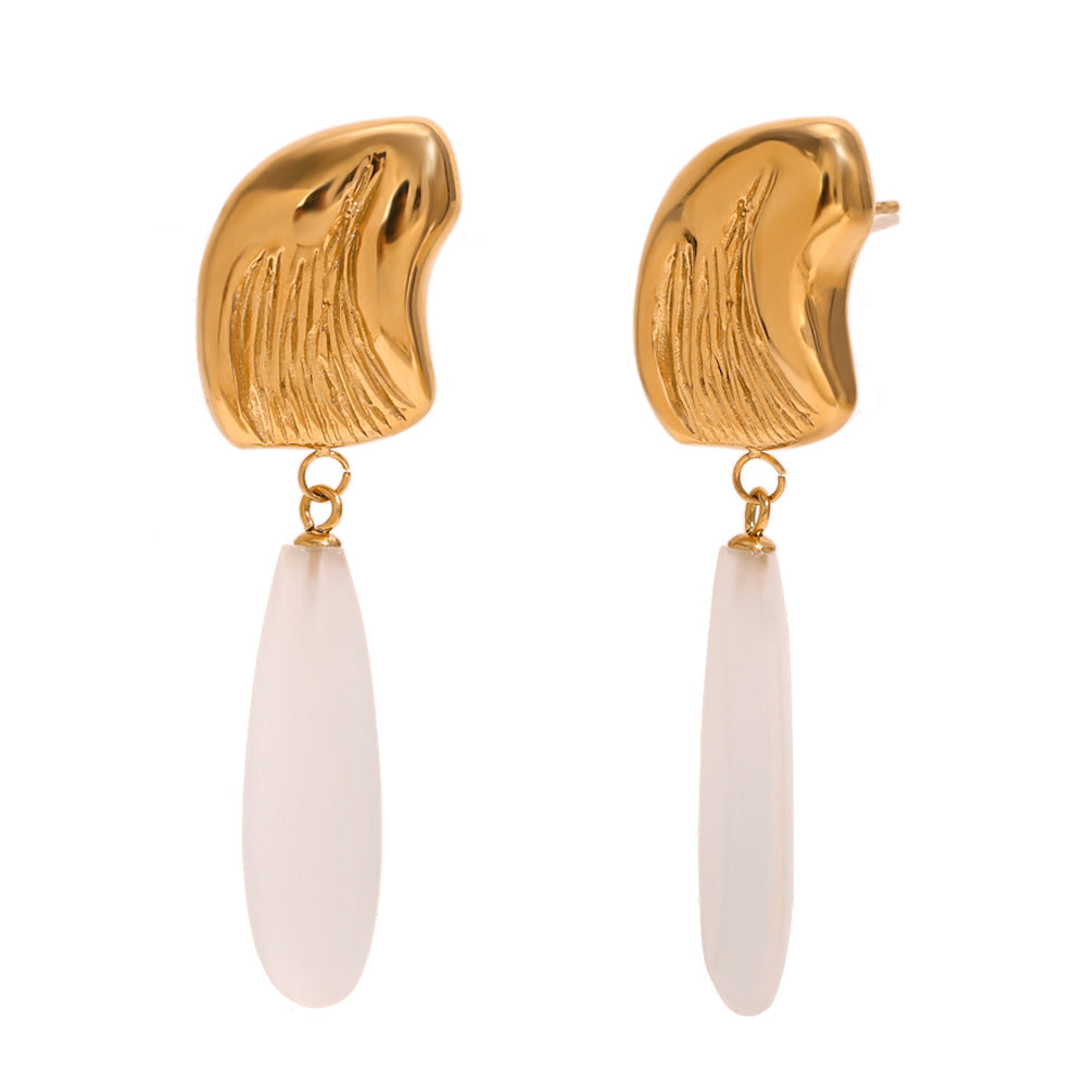 Vintage-Style Teardrop-Shaped Stainless Steel Earrings with 18K Gold Plating and Natural Stone Accents for Women