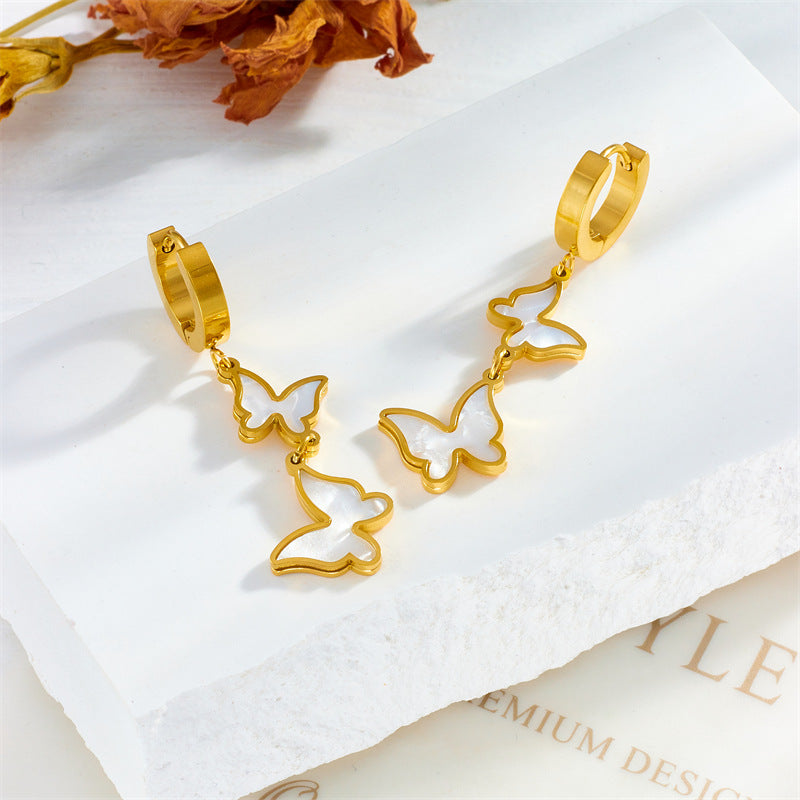 Vintage Style White Butterfly Shaped Titanium Steel Earrings with Plated Finish for Women