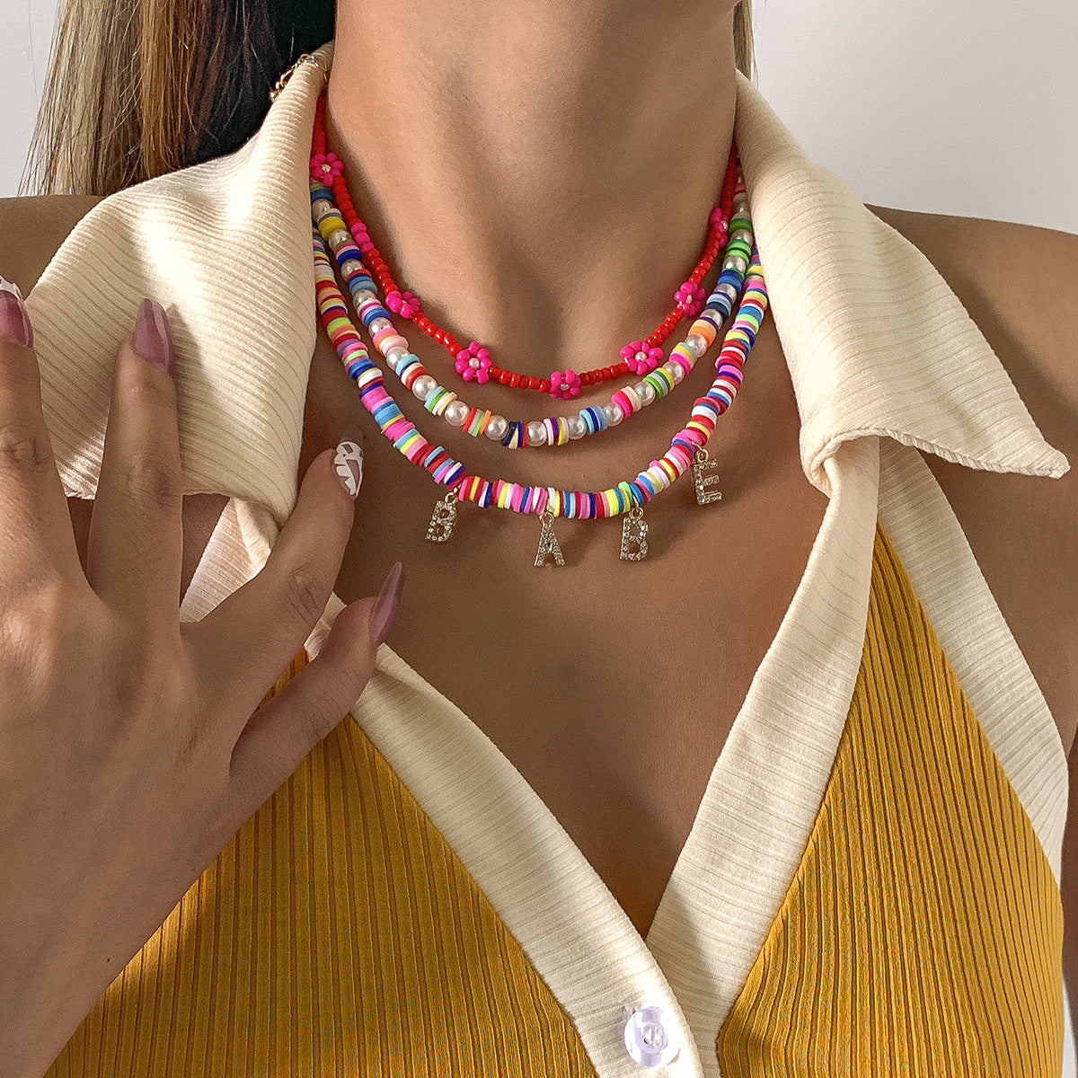 Vintage Ethnic Geometric Letter Resin Necklace with Rhinestone Pearl Inlay PVD Plated Alloy Pendant Floral Design