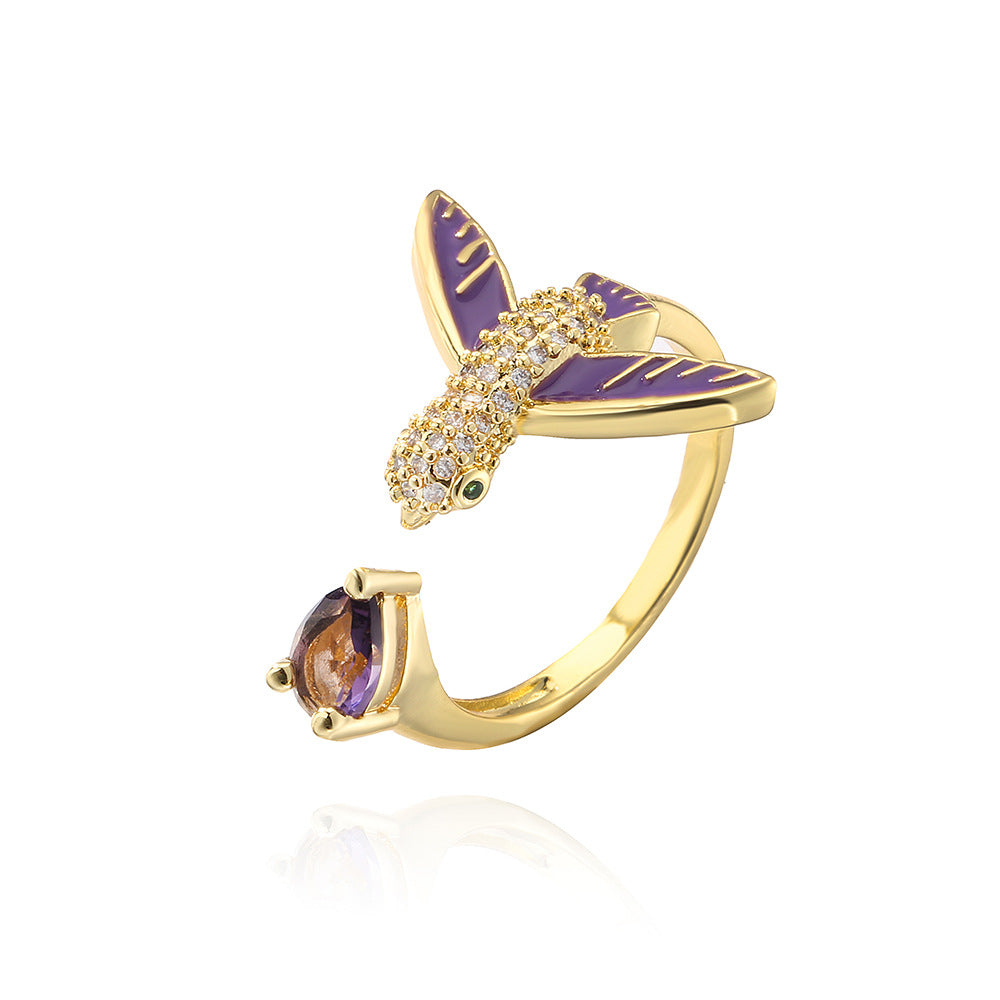 Creative 18K Gold Plated Brass Drip Oil Cubic Zirconia Animal Geometric Ring for Women