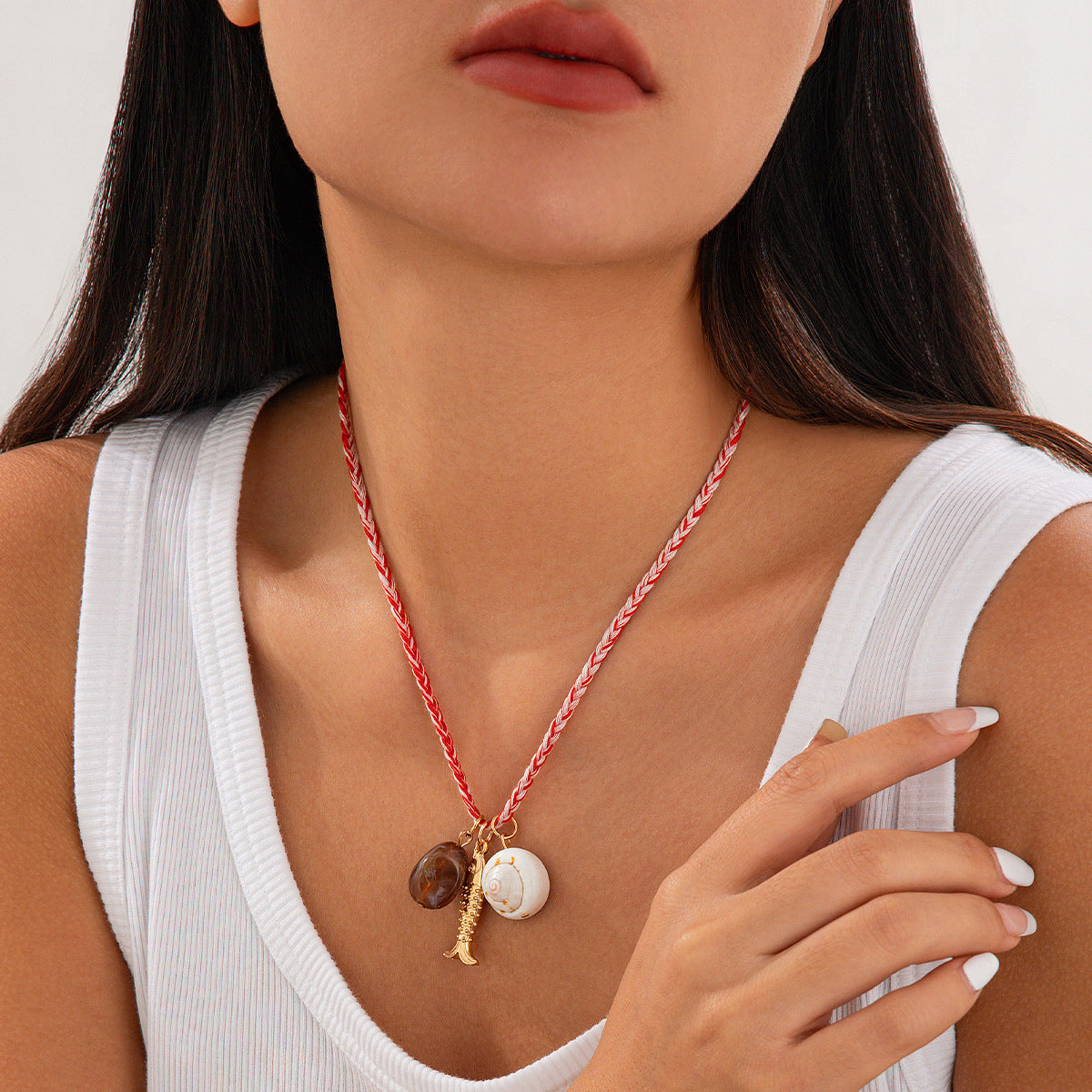 Layered Plated Alloy Fish & Shell Pendant Necklace for Women