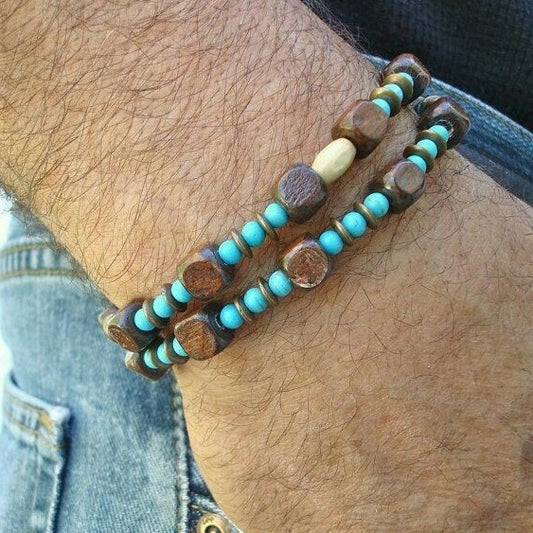 Vintage Round Wood Beaded Bracelet with Turquoise Inlay Unisex Multi-Layer Set