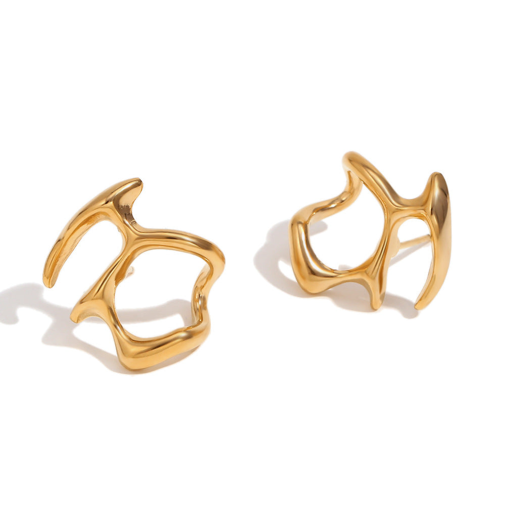 Orecchini a perno da donna alla moda asimmetrici a maschera astratta effetto liquido, in acciaio inossidabile con placcatura in oro 18K