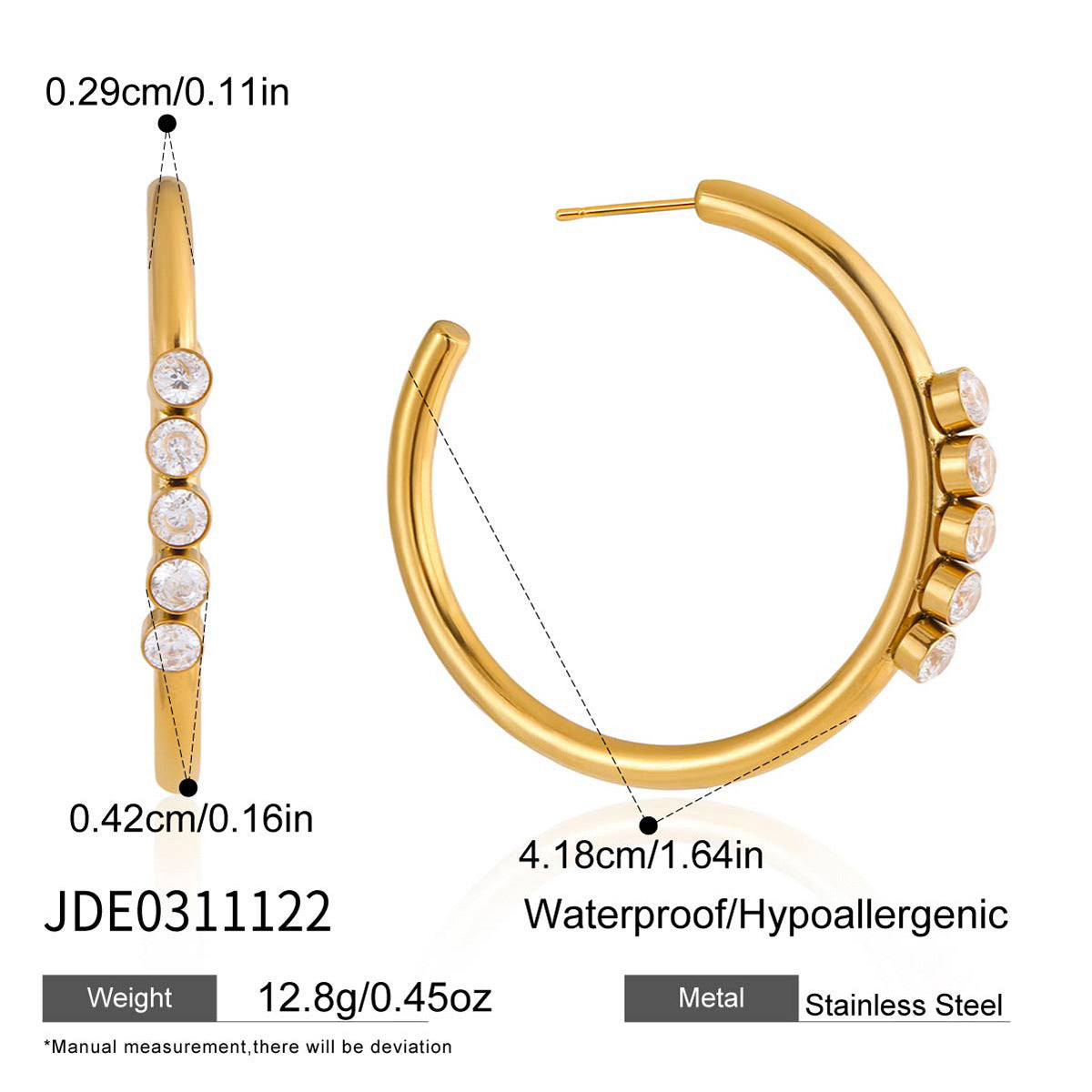 Minimalist Luxury Geometric Stainless Steel Plated Cubic Zirconia C-Shaped Stud Earrings for Women