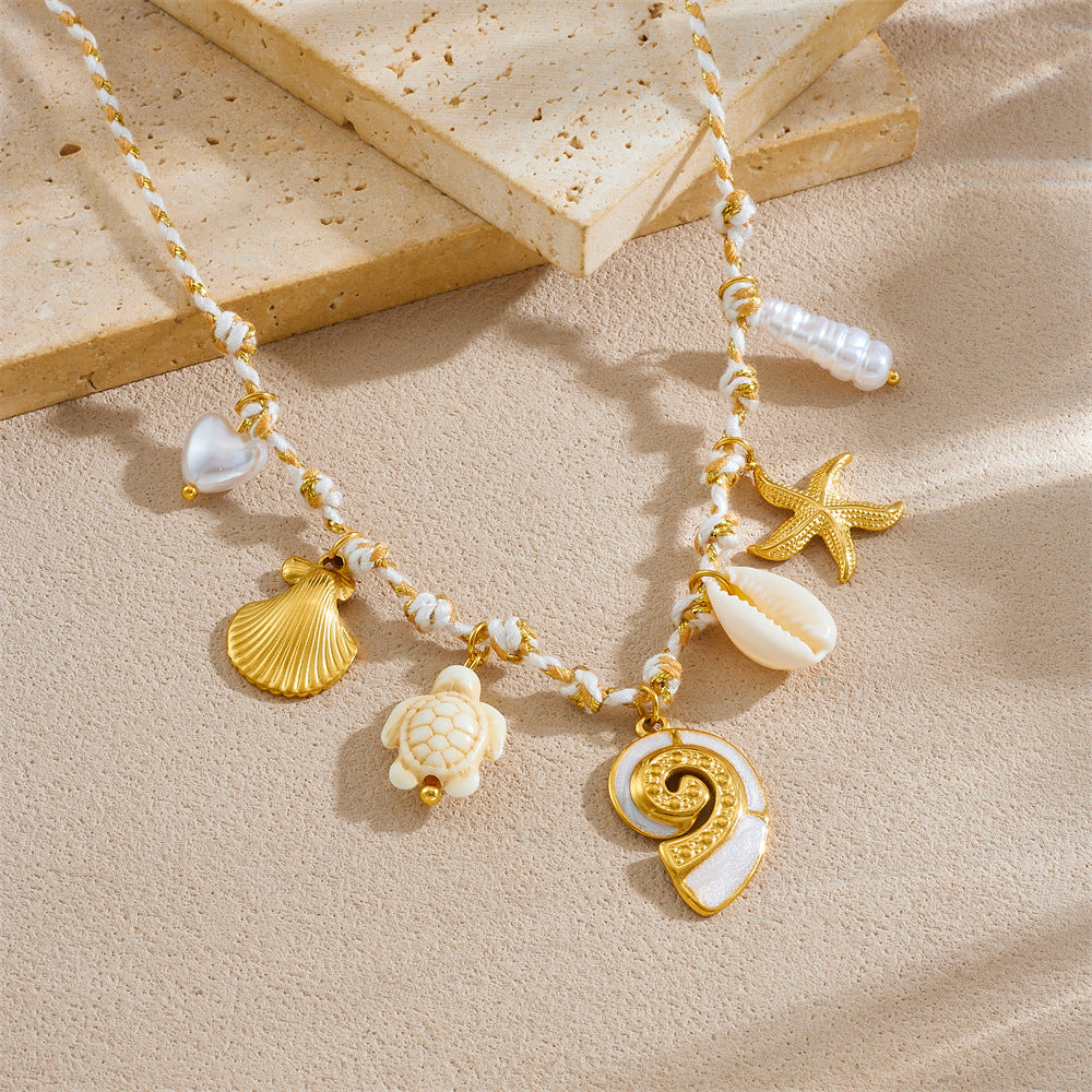 Vintage Chic Two-Tone Gold Plated Stainless Steel Starfish and Animal Pendant Necklace
