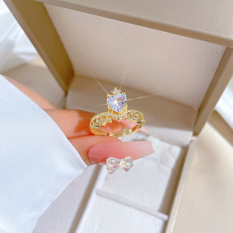 Anello Kawaii Fresco e Dolce Corona a Cuore in Ottone Placcato Fascia Regolabile