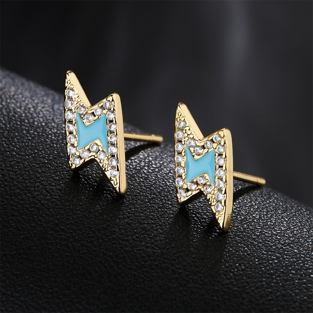 Orecchini da Donna Minimalisti a Forma di Fulmine in Rame, Placcati Oro 18K con Zirconi Micro-Pave