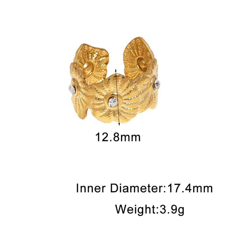 Minimalist Elegant Gold Plated Stainless Steel Floral Rhinestone Open Ring for Women