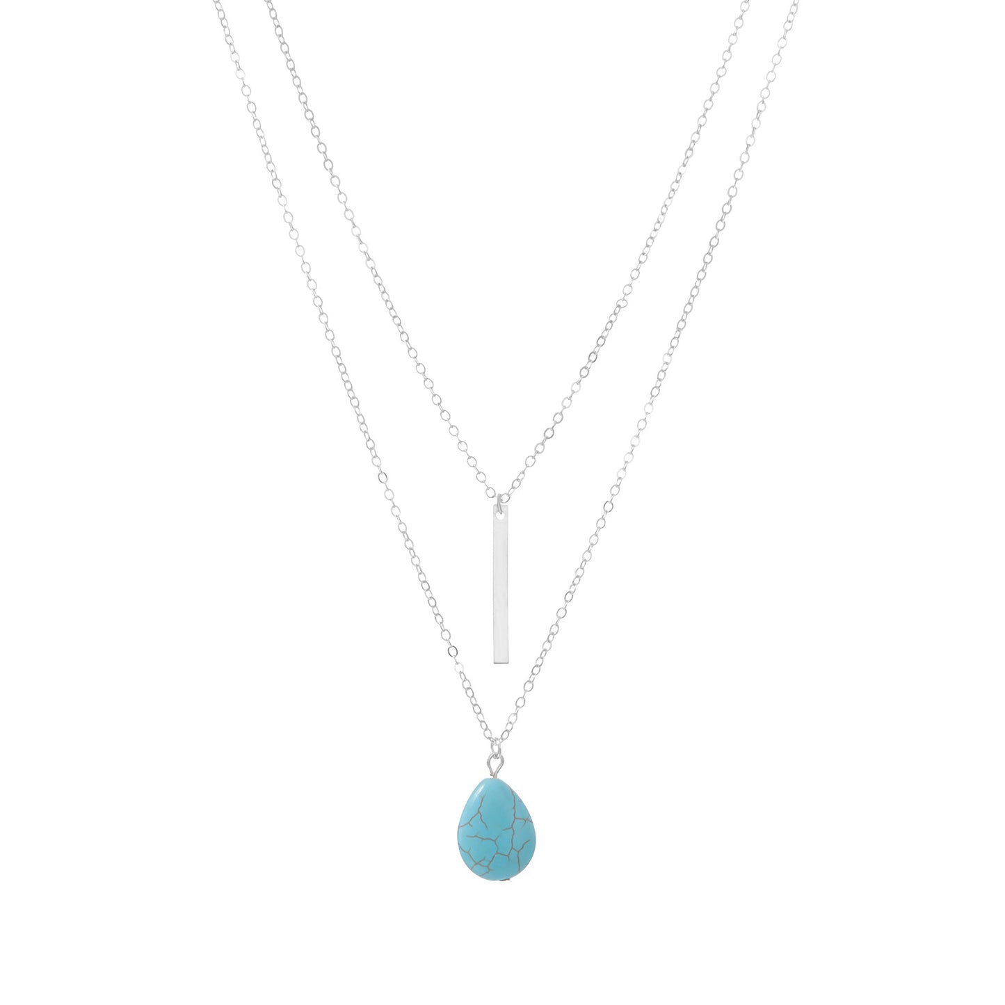Minimalist Teardrop Turquoise Pendant Necklace with Multi-Layer Metal Chain for Women
