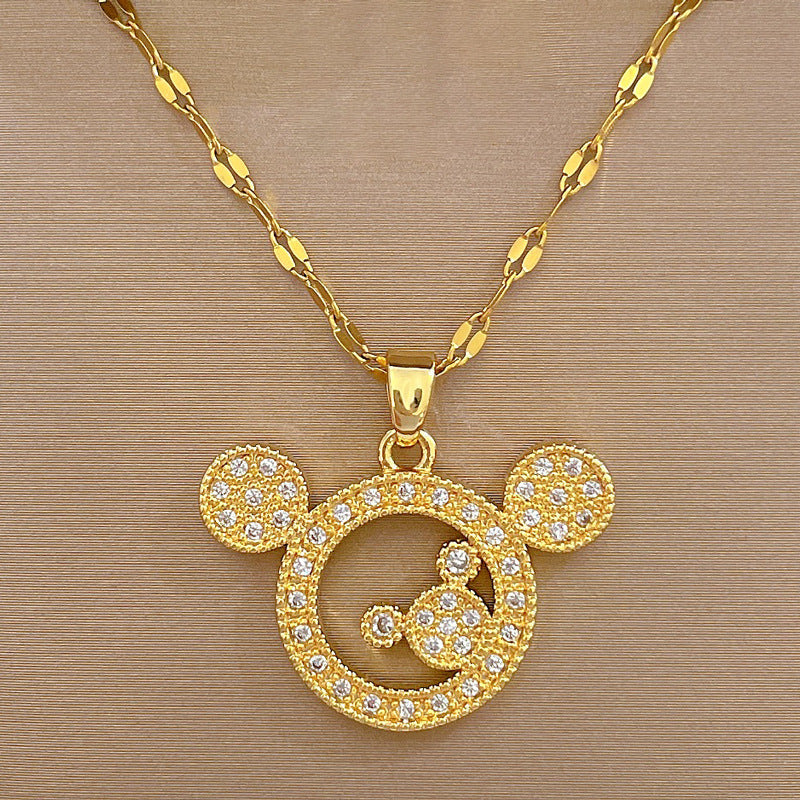 Luxury Titanium Steel Geometric Moon Pendant Necklace for Women and Men with Rhinestone Inlay and Plated Finish