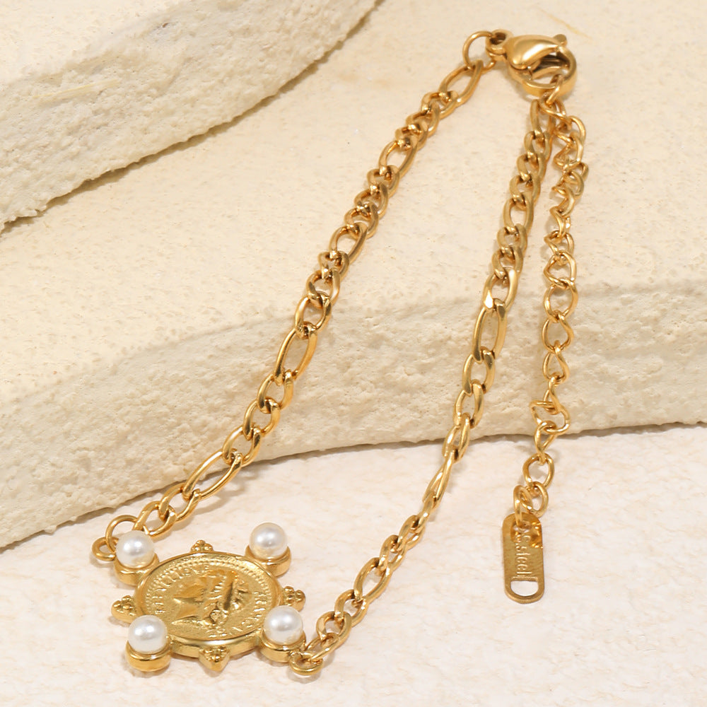 Pulsera de moneda de cadena Fígaro chapada en oro de acero inoxidable geométrica elegante vintage para mujer
