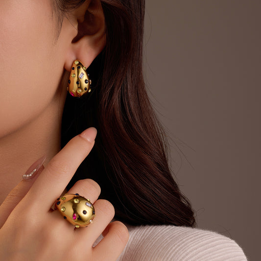 Fashionable Water-Drop-Shaped Stainless Steel Earrings with 18K Gold Plating and Irregular Colored Zircon Inlay