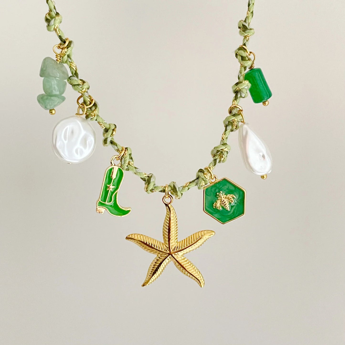 Fresh and Sweet Starfish Pearl Heart Pendant Necklace in Stainless Steel with Plated Finish on Adjustable Cord