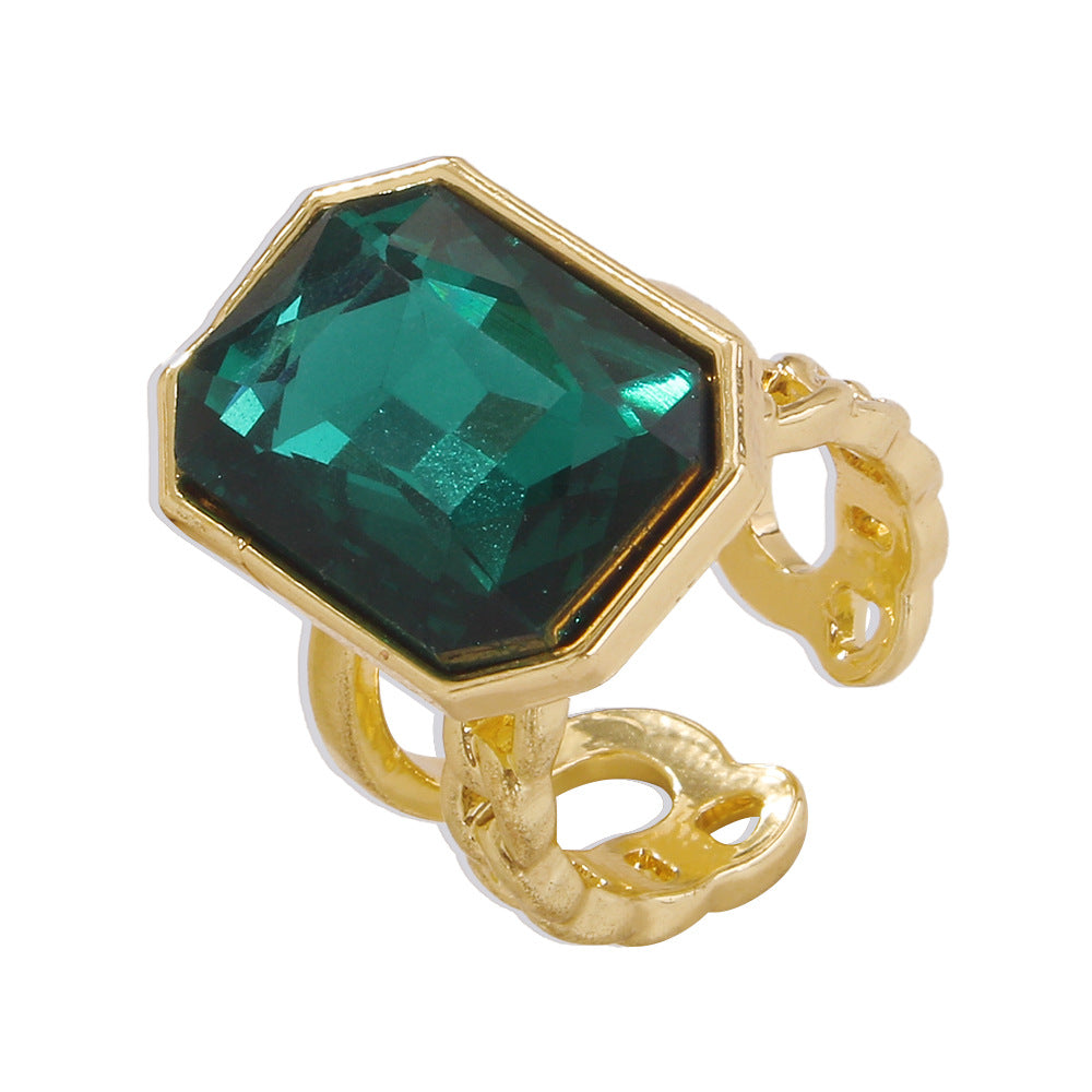Anillo de aleación geométrica dulce y atrevido con incrustaciones de pedrería y banda de moda ajustable con acabado galvanizado
