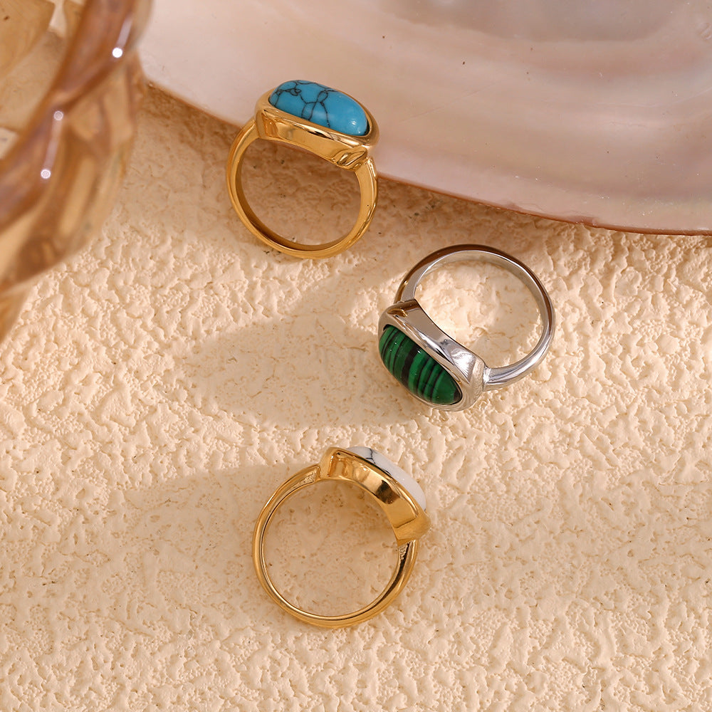 Anello geometrico in acciaio inossidabile stile vintage placcato oro 18 carati con intarsio in pietra naturale da donna