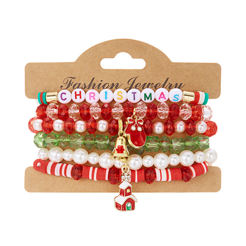 Set di bracciali in lega a tema natalizio, dolce e grintoso, con renna, fiocco di neve, albero e perle di vetro in cristallo