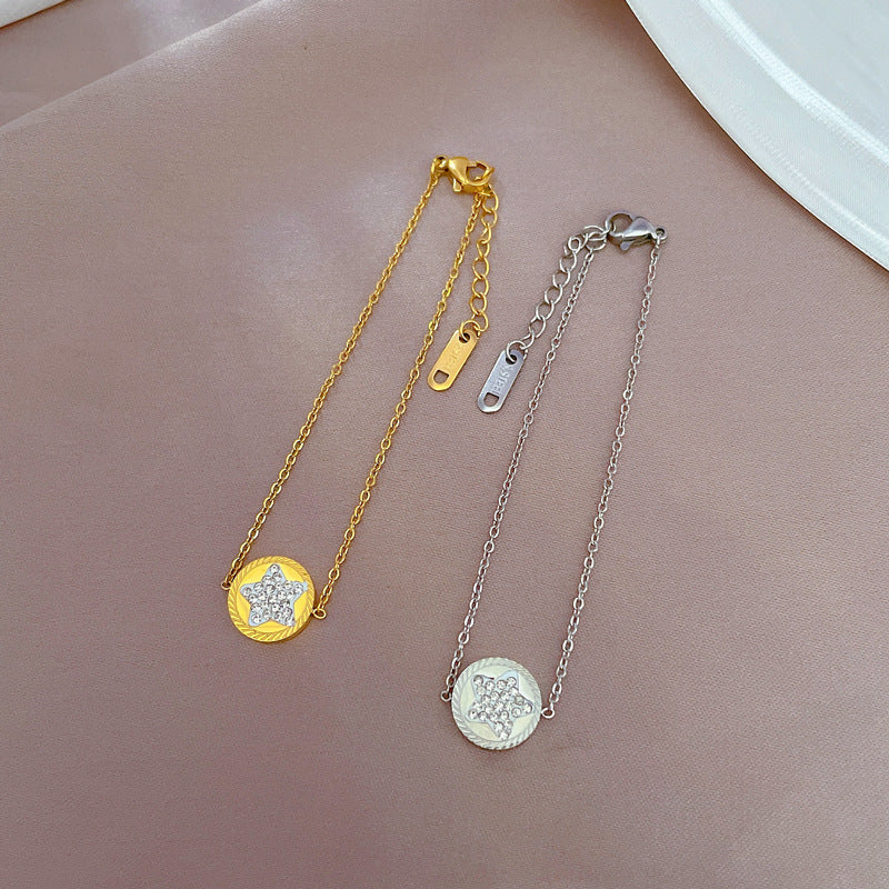 Bracciale vintage da donna in acciaio al titanio a forma di stella con intarsio completo di strass e placcatura in oro