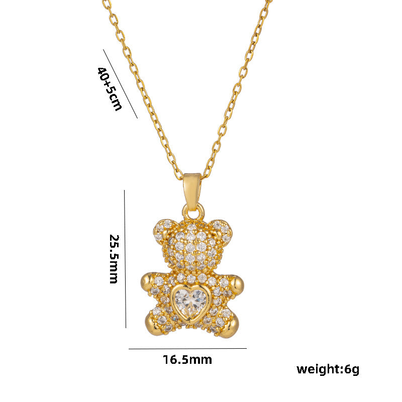 Graziosa collana con pendente a cuore d'orso per donna in acciaio al titanio con intarsio di strass, delicata catena a O, stile minimalista e dolce