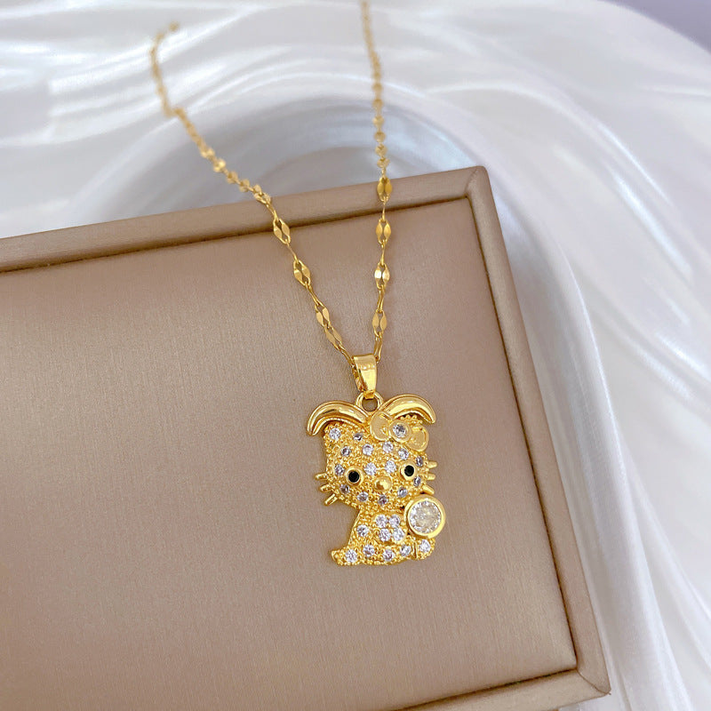 Luxury Butterfly Knot Cat Pendant Necklace for Women Stainless Steel Delicate Bowknot Collar Chain with Rhinestone Accents