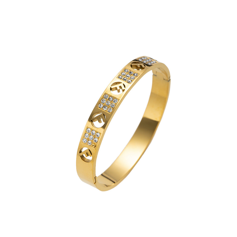 Vintage Minimalist 18K Gold Plated Titanium Steel Letter Cutout Cuff Bracelet with Rhinestone Inlay for Women