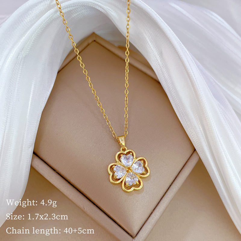 Minimalist Clover Pendant Necklace for Women and Men in Titanium Steel with Gold Plating and Rhinestone Inlay on O-Chain