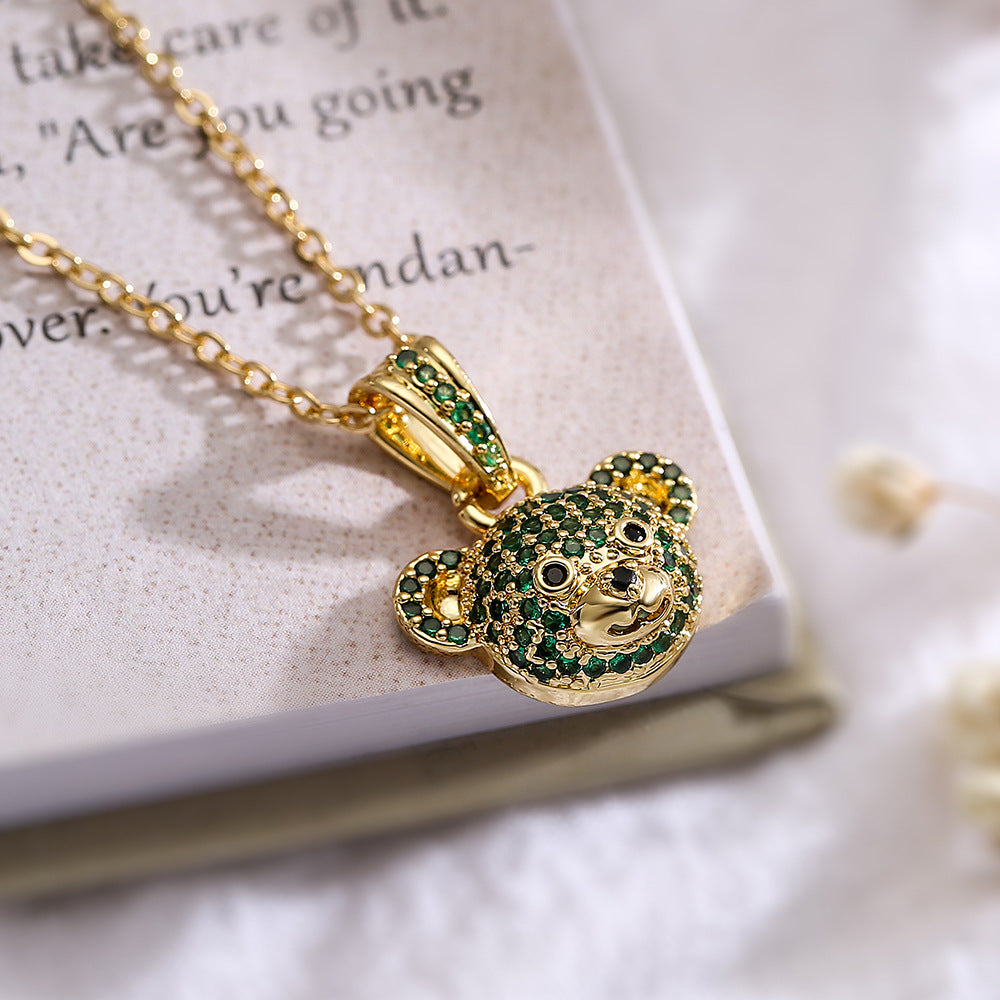 Cute Bear Pendant Necklace for Women in Copper with 18K Gold Plating and Full Zircon Inlay, Minimalist Style Locket Chain