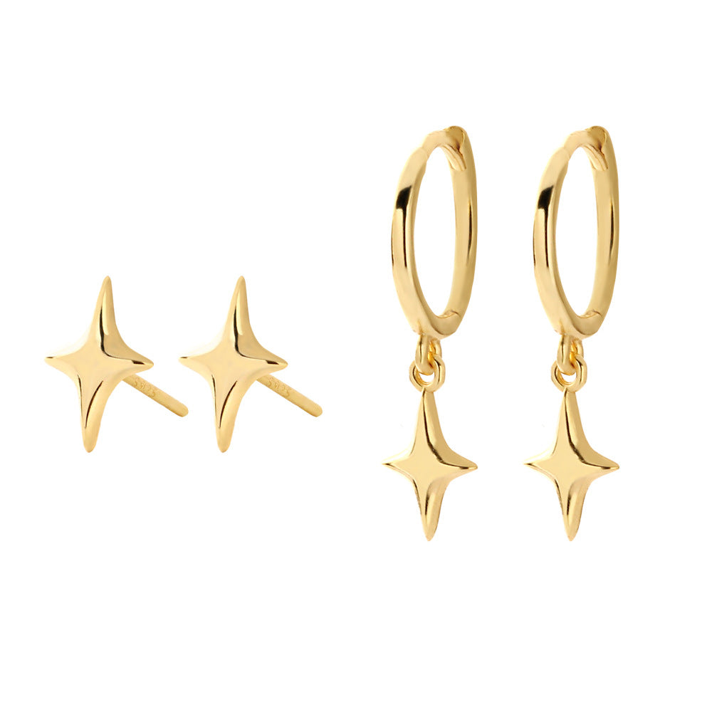 Minimalist Polished Four-Point Star 925 Sterling Silver Stud Earrings