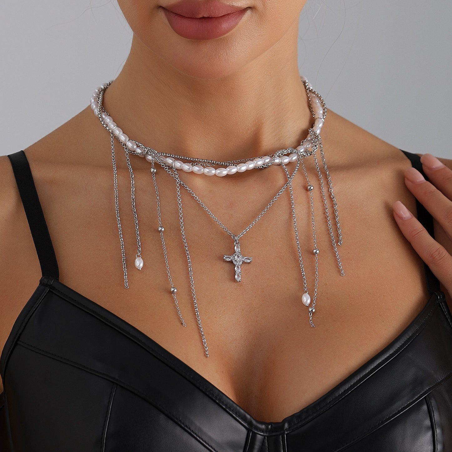 Elegant Geometric Cross Alloy Plated Pendant Necklace with Tassel and Baroque Pearl for Women