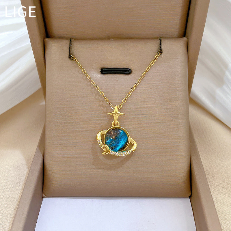 Collana girocollo con pendente minimalista luna e stella, da donna, in acciaio inossidabile, catenina sottile con design geometrico
